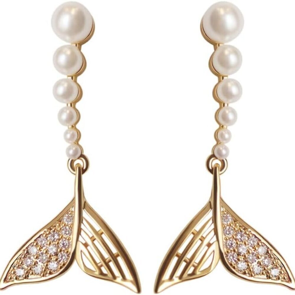 Gold Sterling Silver Dangle Pearl Mermaid Tail Earrings with Cubic Zirconia - El